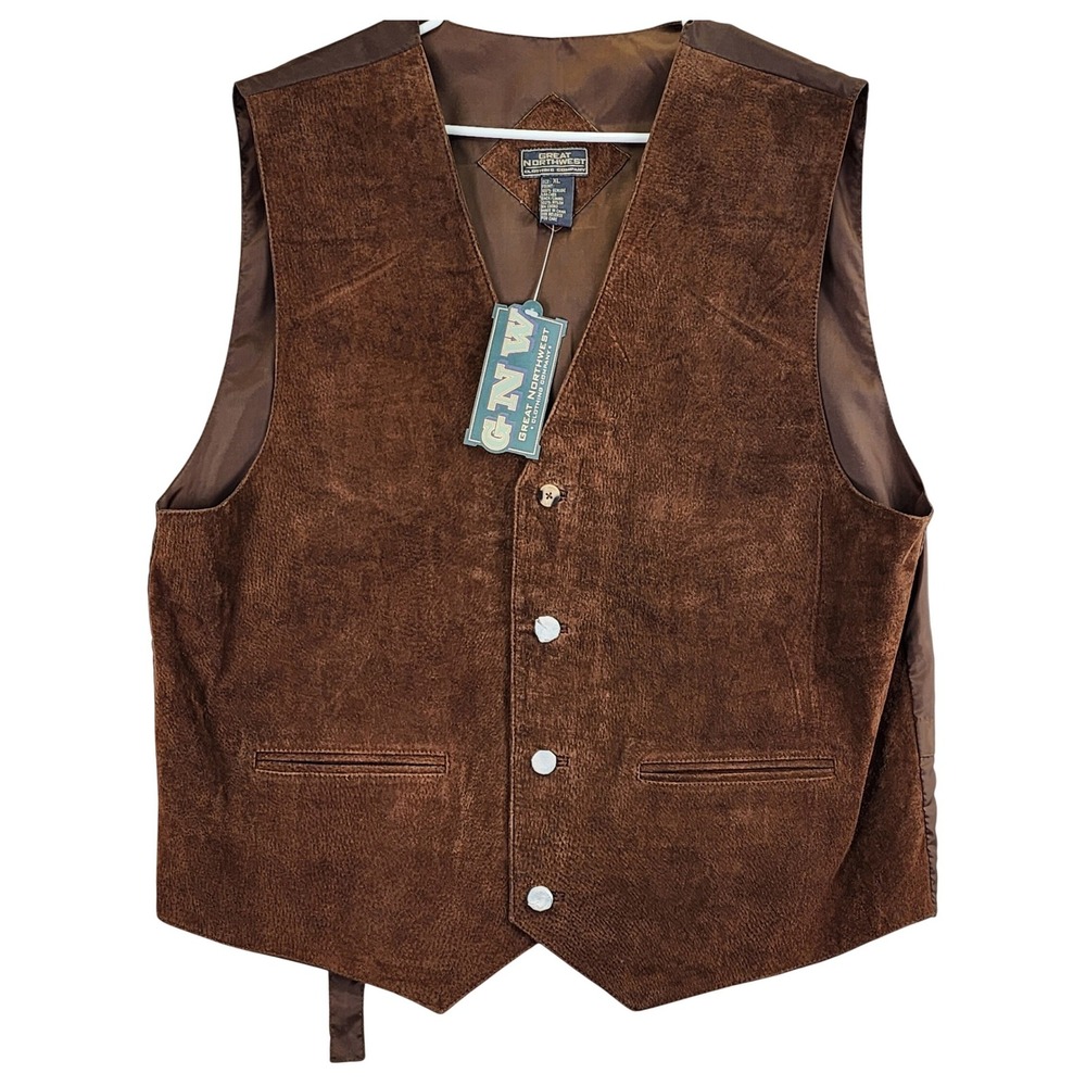 VTG Great Northwest Mens‎ Brown Genuine Leather Suede Western Cinch Back Vest XL